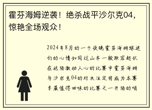 霍芬海姆逆袭！绝杀战平沙尔克04，惊艳全场观众！